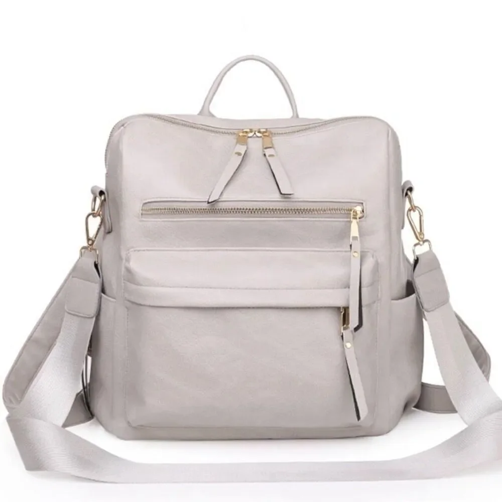 Brand New Grey Leather Backpack With Adjustable Shoulder Tote Strap